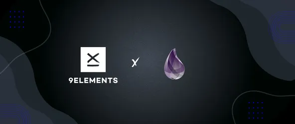 Die Logos von 9elements und Elixir verbunden durch ein X.